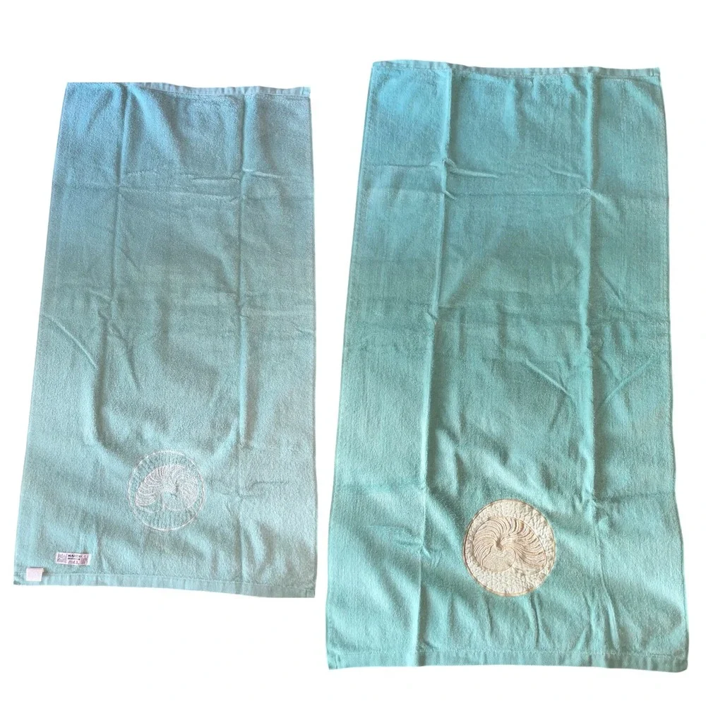 Vintage 1985 Martex Trousseau Nautilus Shell cotton‎ Bath Towel Blue Made in USA